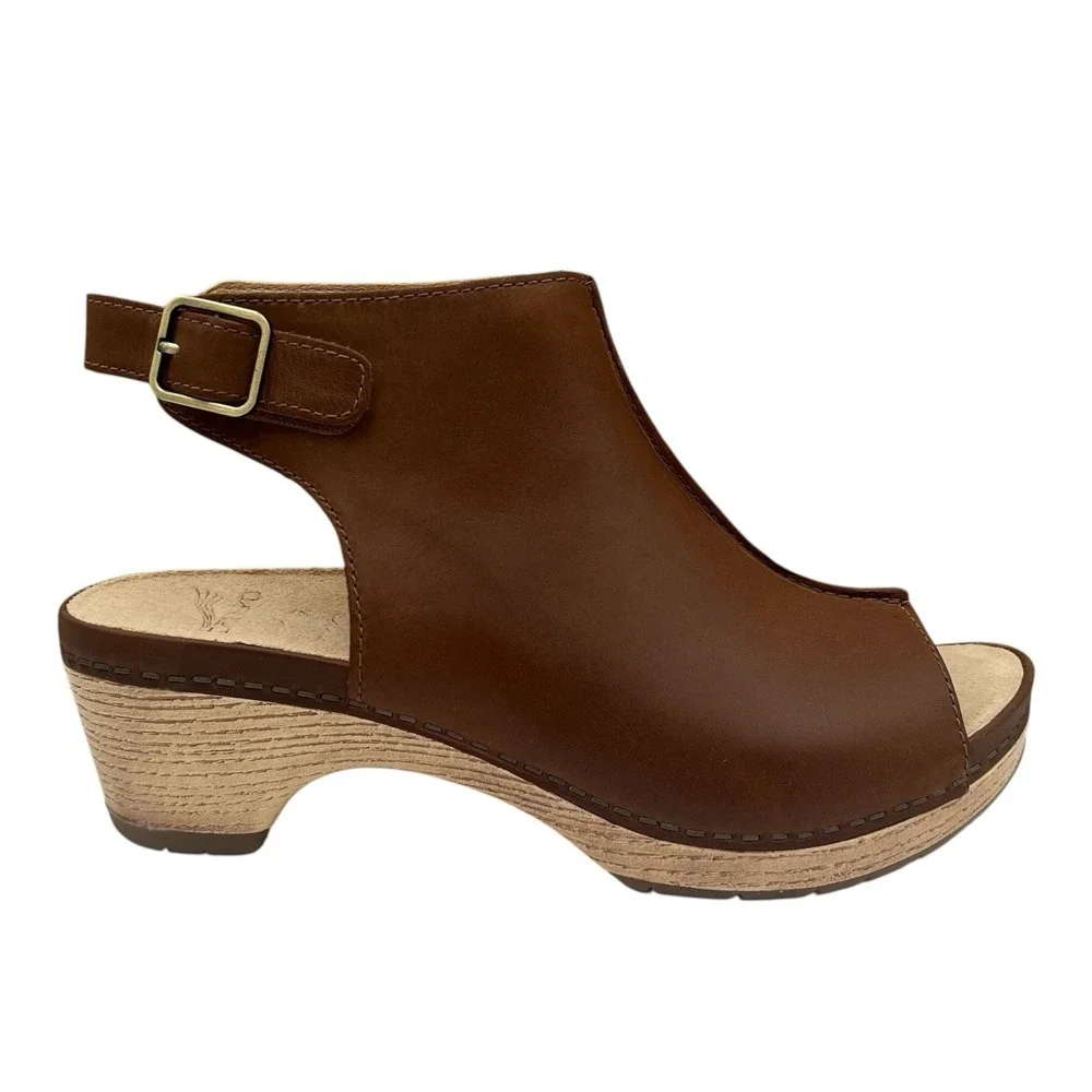 Dansko Womens Lizzy Peep Toe Leather Sandals Size 8 EU 38 Tan Brown Slip-on